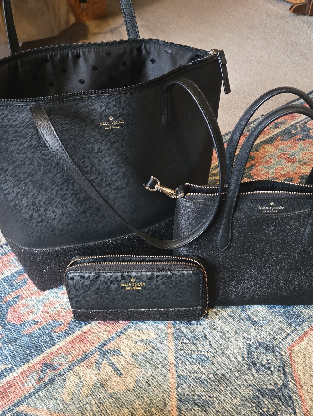 kate spade Black Glitter 3-Piece Tote, Satchel & Wallet Set